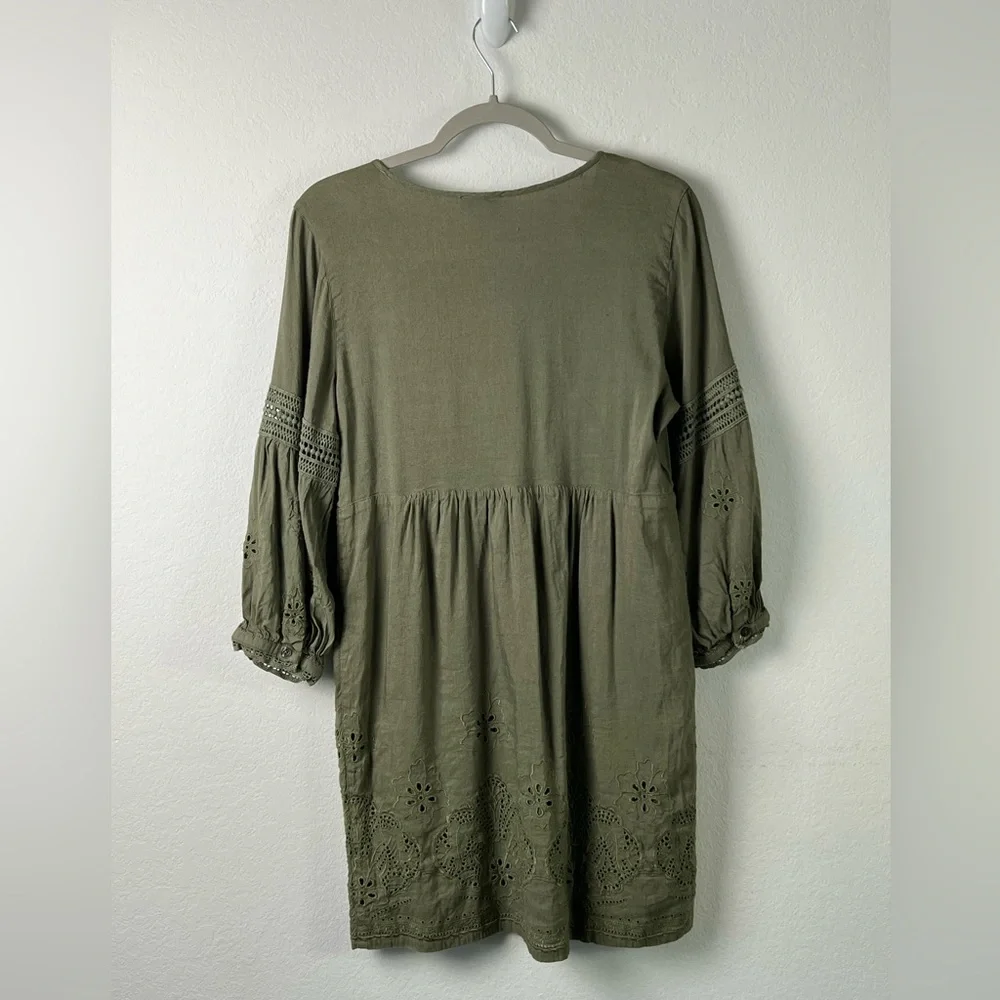 Tommy Bahama Olive Green Linen Viscose Eyelet Boho Peasant Dress - Picture 2 of 14